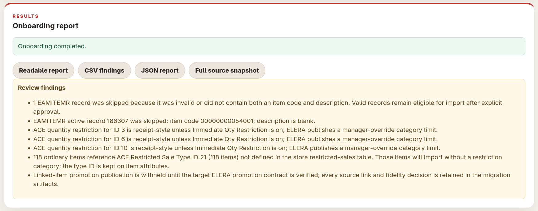 ACE Onboarding findings report showing item, restriction, and linked-item review notes