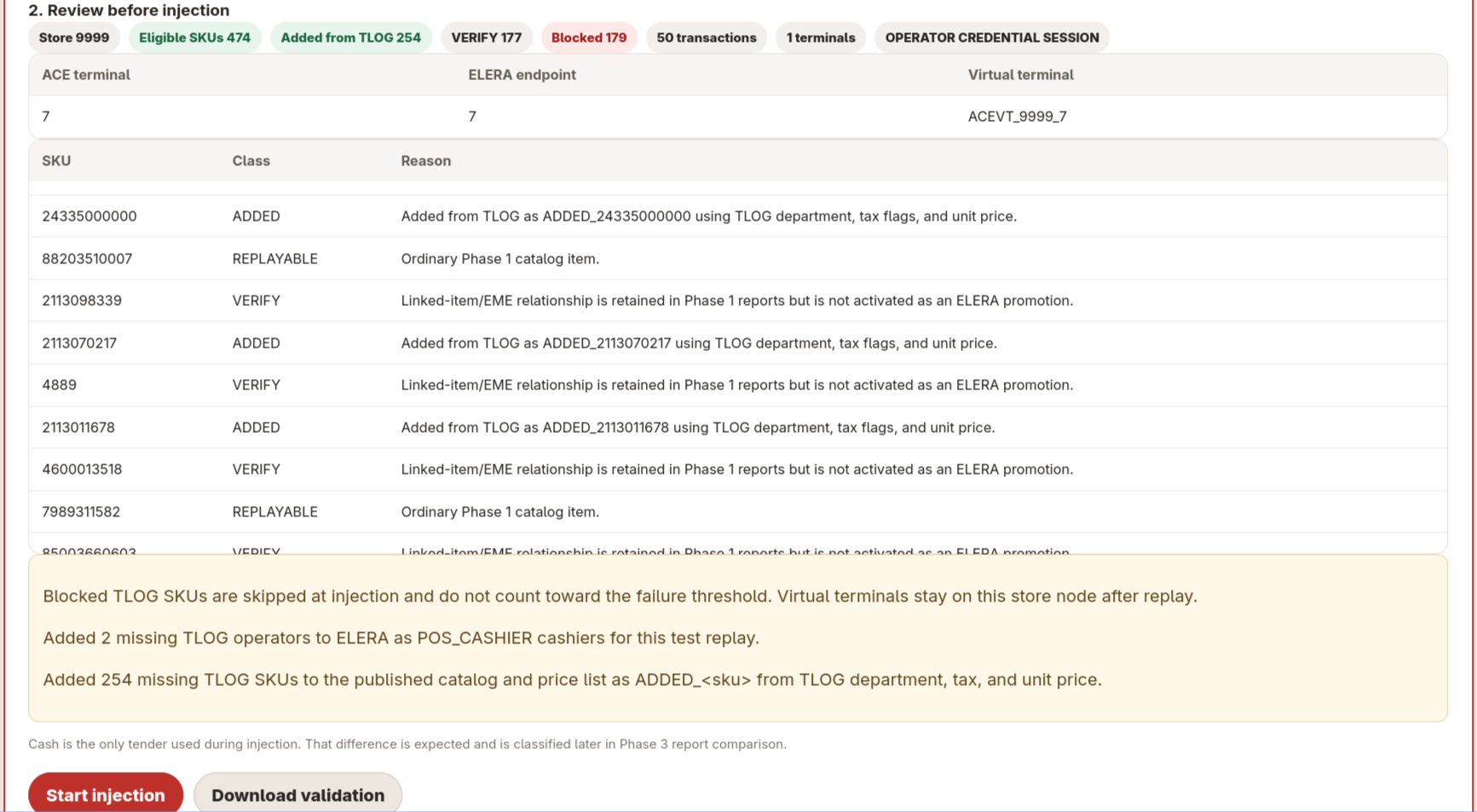 ACE Onboarding review showing eligible, added, verify, and blocked TLOG SKUs before injection