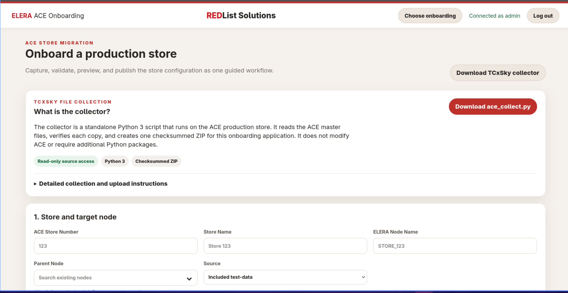 ACE Onboarding production-store form and read-only TCxSky collector instructions