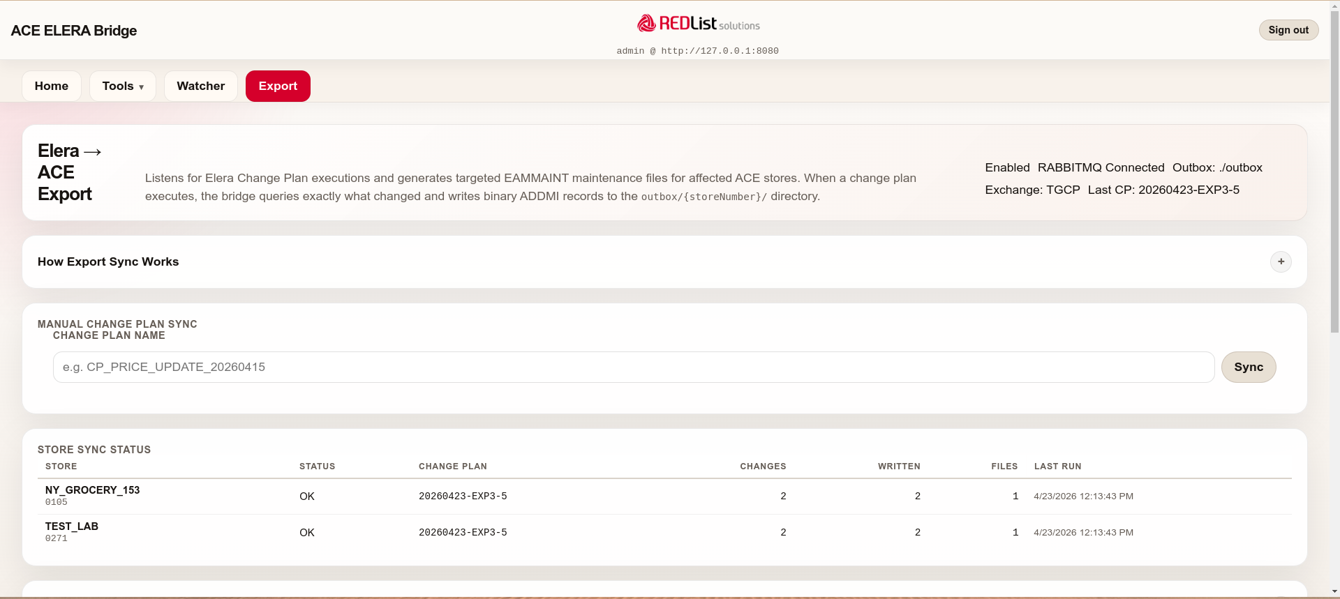 ACE to ELERA export detail screen with store sync status and export history