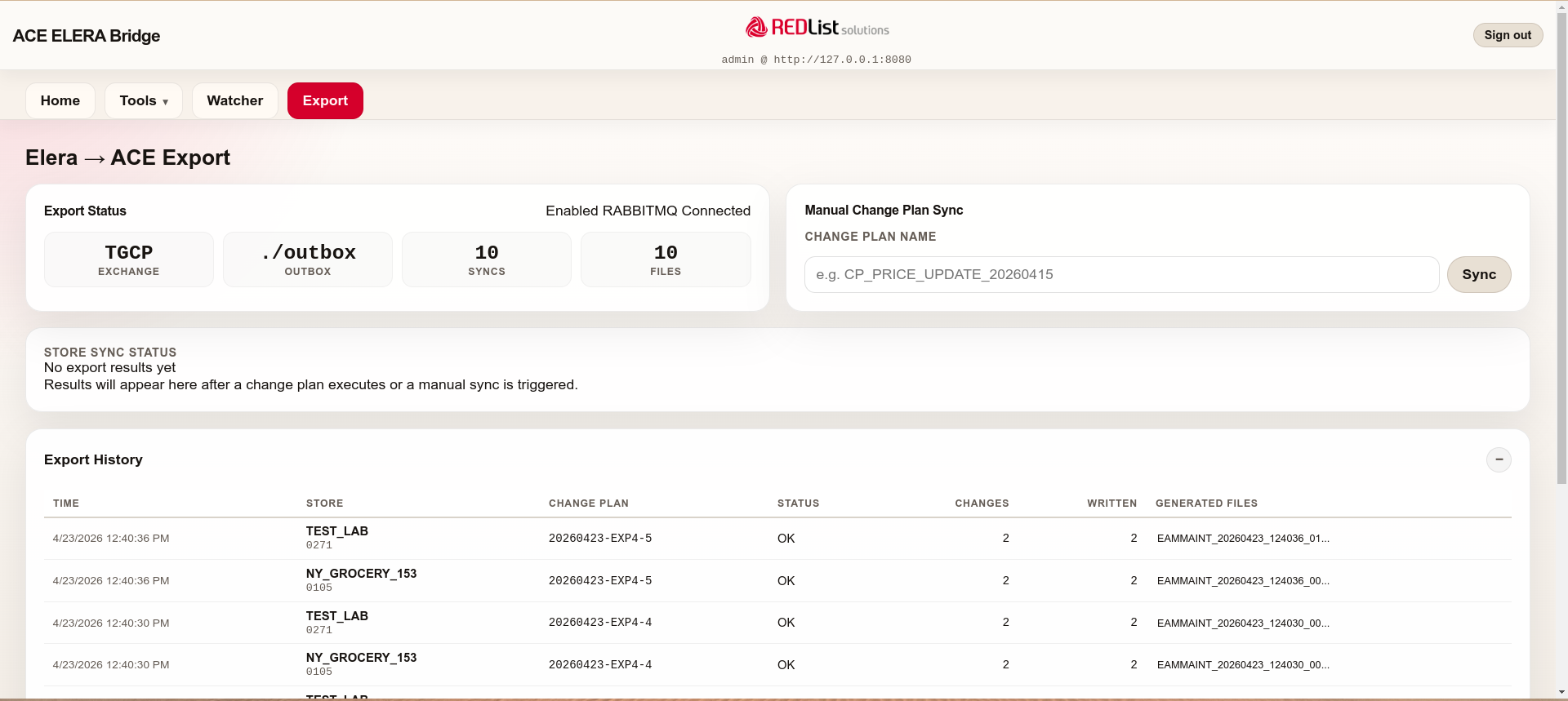 ACE to ELERA export screen showing change plan sync and export history