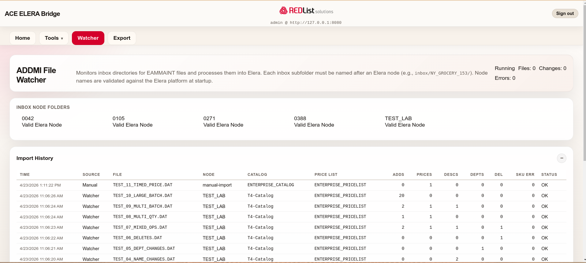 ACE to ELERA ADDMI watcher screen showing inbox node folders and import history
