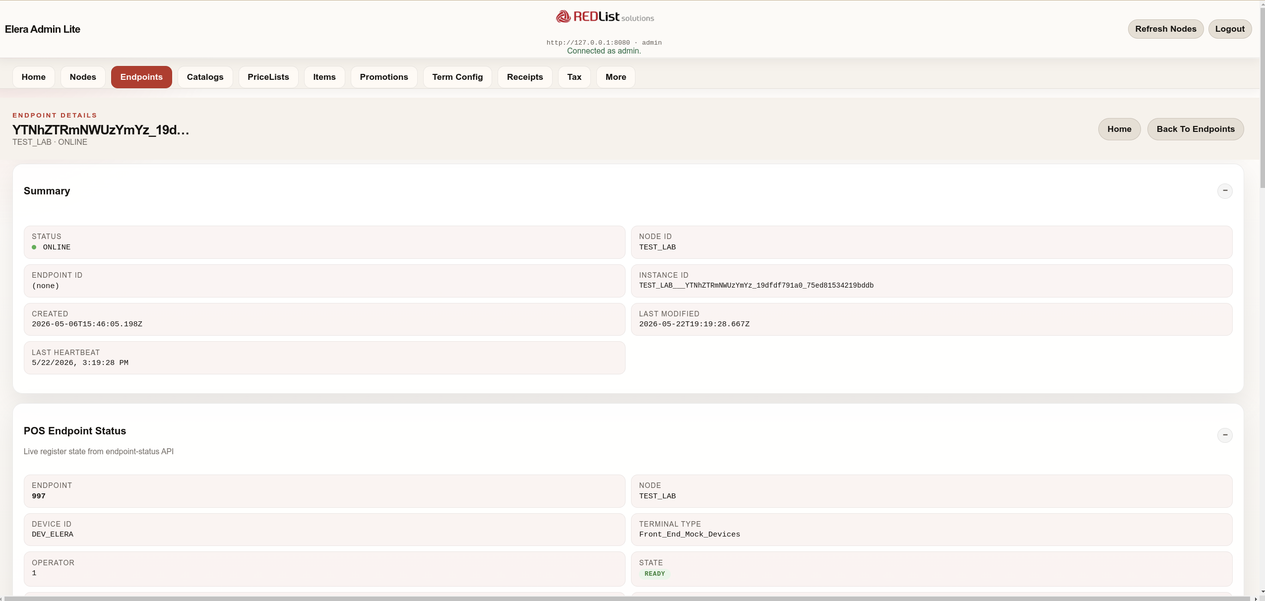 ELERA Admin Lite endpoint detail page with status summary and POS endpoint status fields
