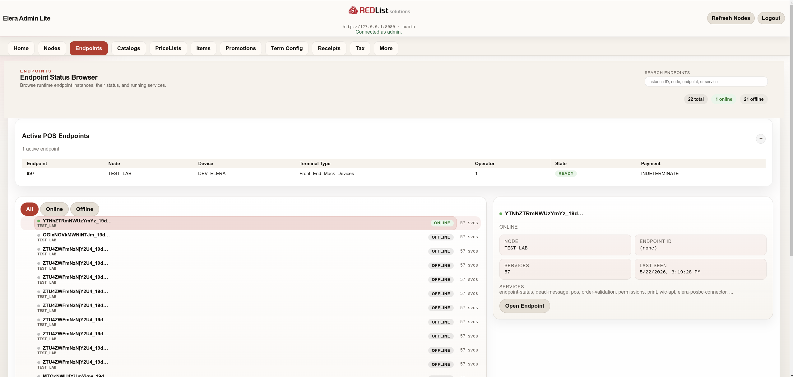 ELERA Admin Lite endpoints browser showing online and offline endpoint instances