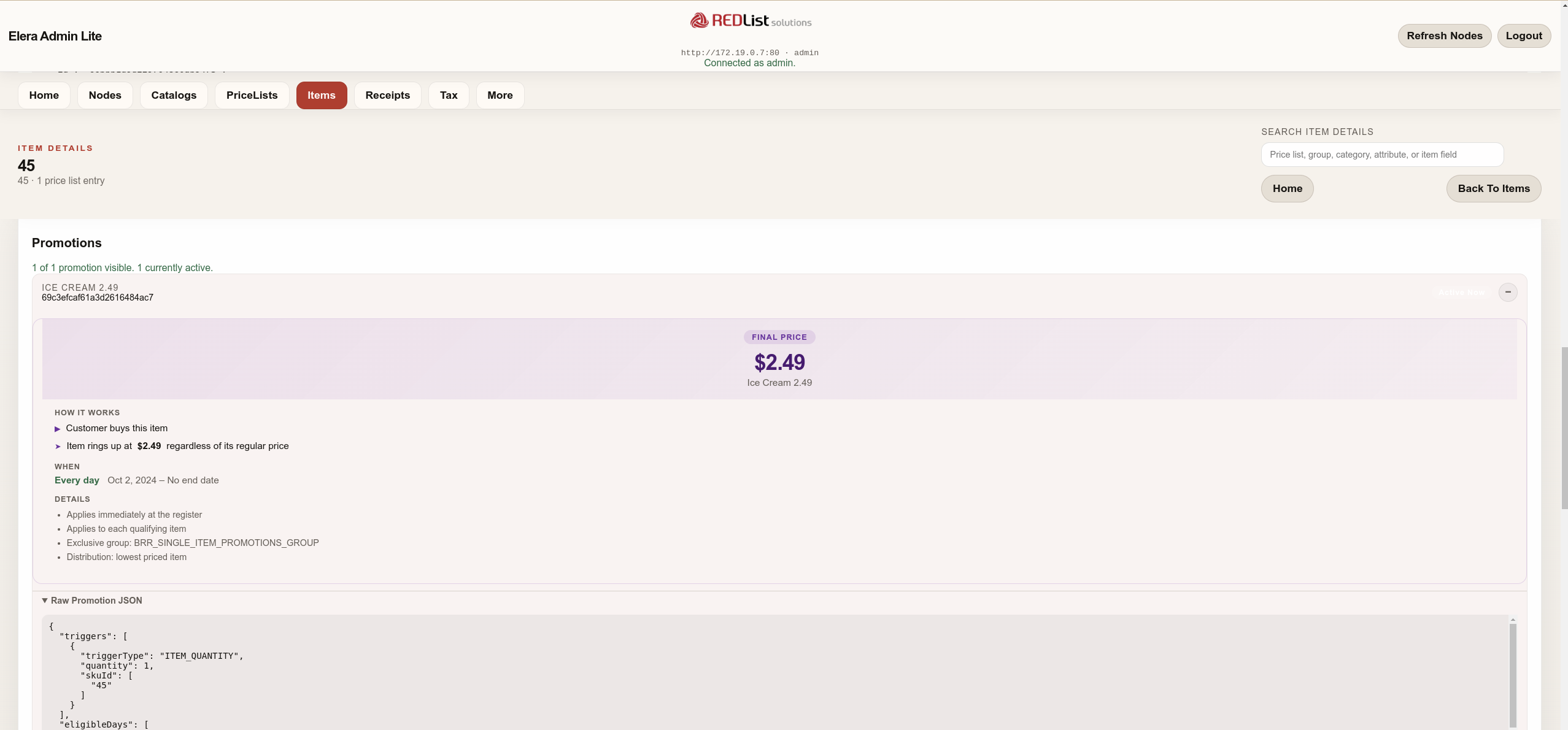 ELERA Admin Lite item detail with promotion integration