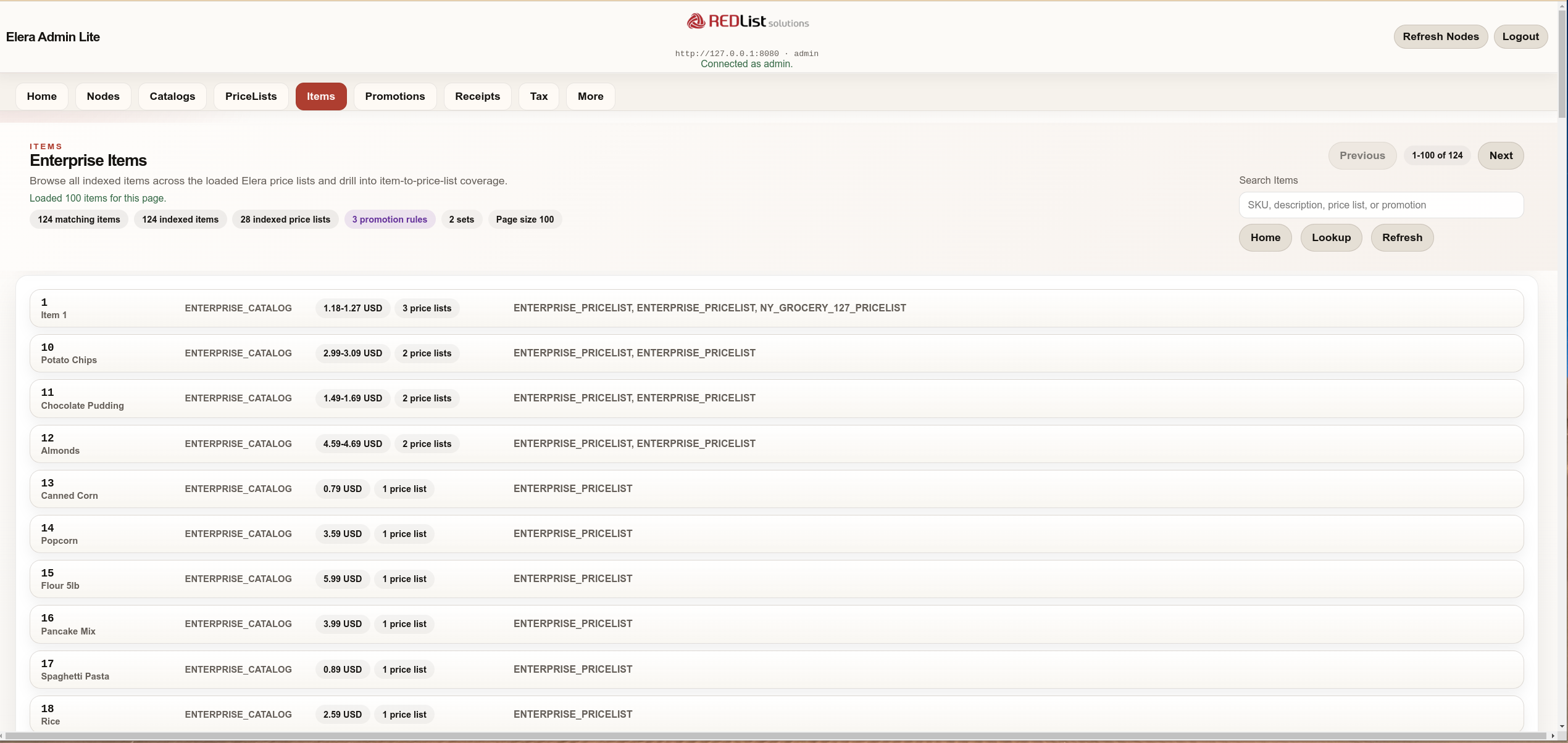 ELERA Admin Lite cross price list item search