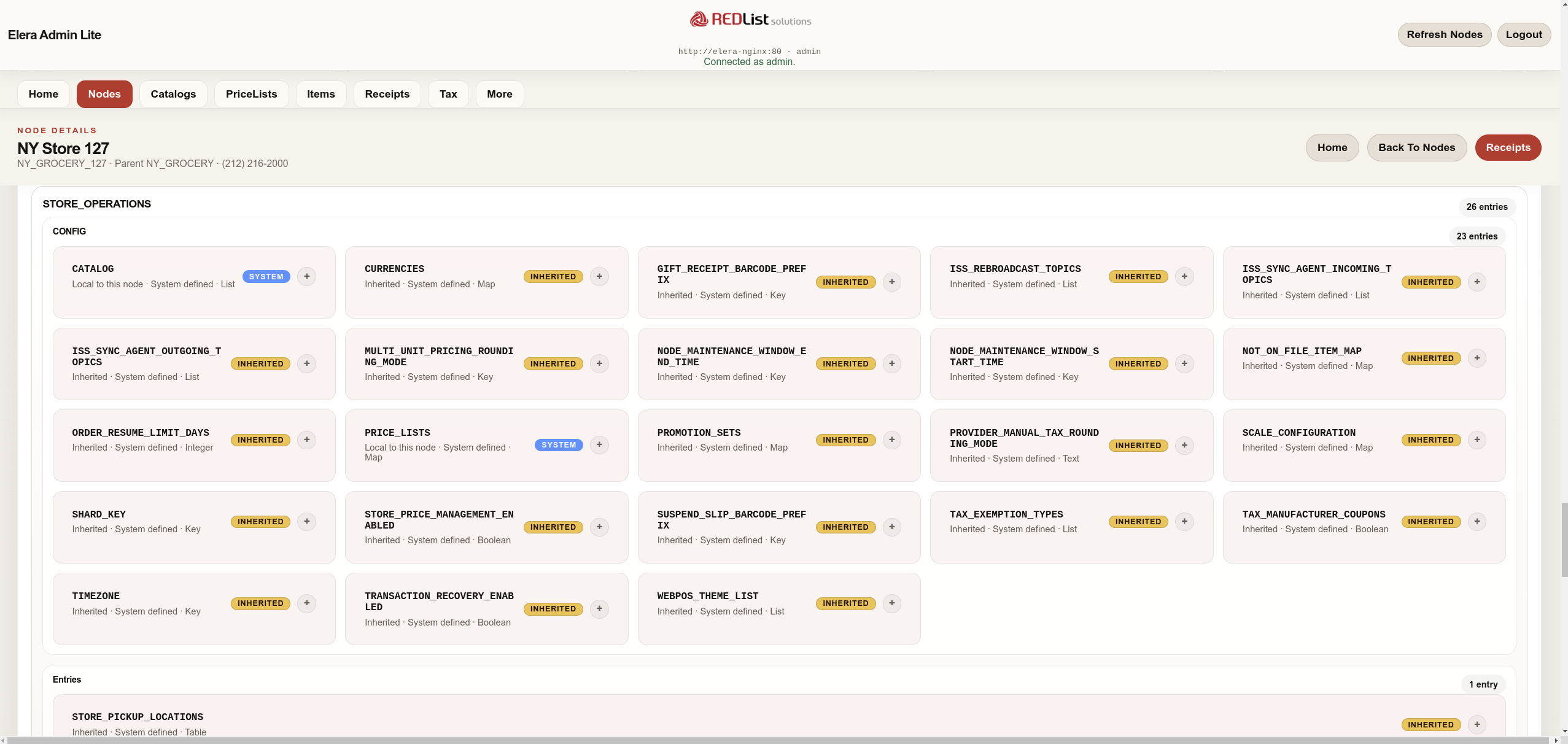 ELERA Admin Lite node details configuration cards