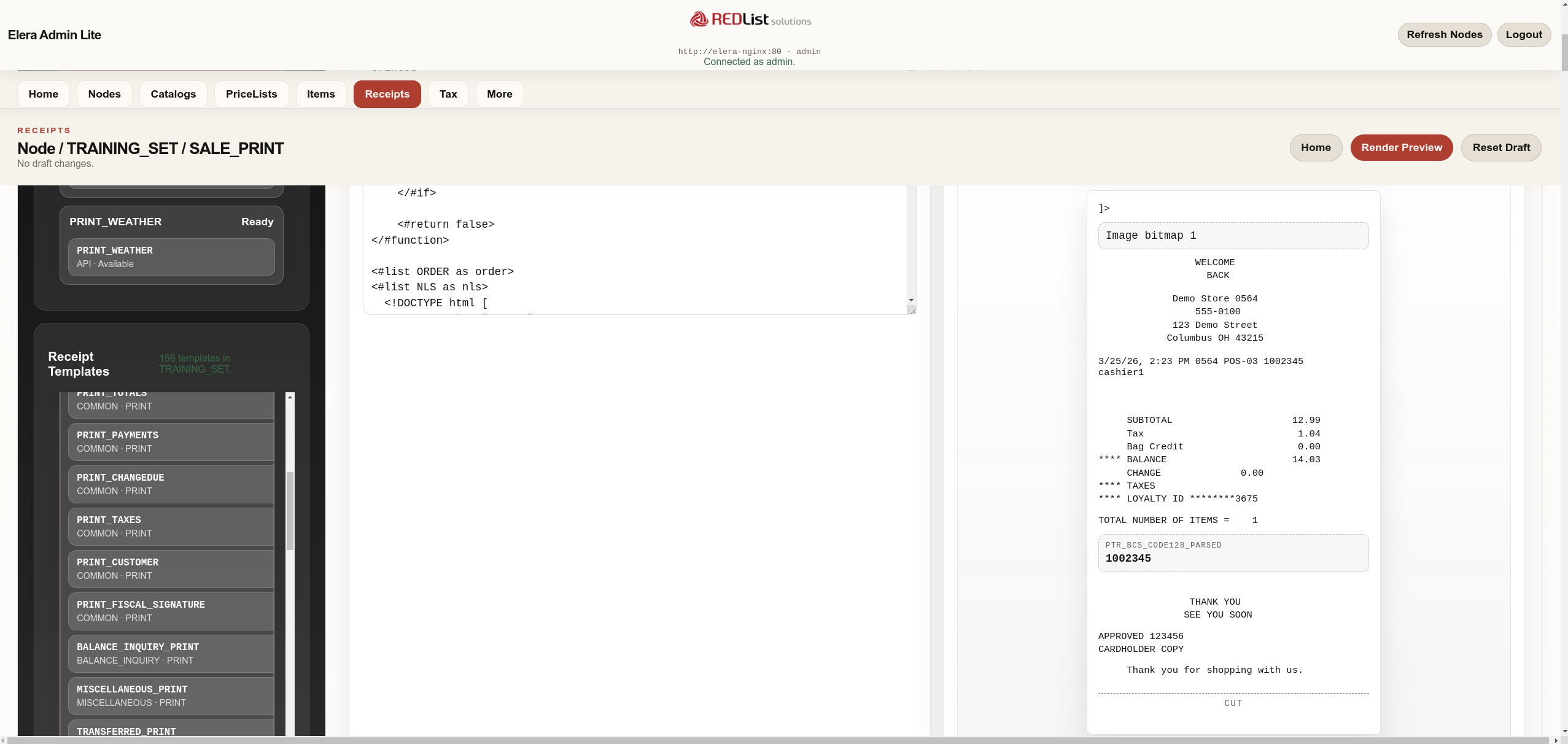 ELERA Admin Lite receipt template studio