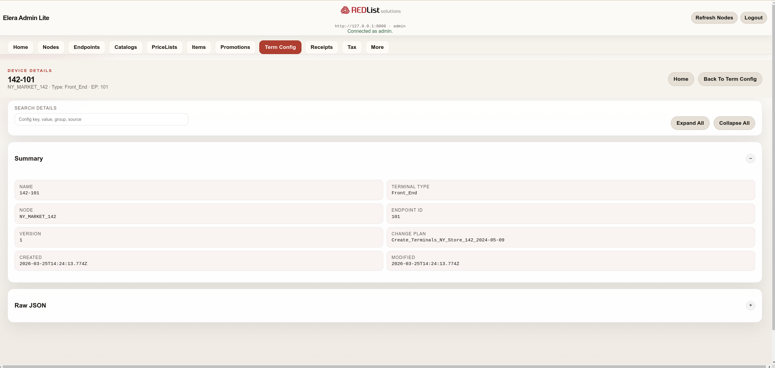 ELERA Admin Lite terminal configuration device detail page