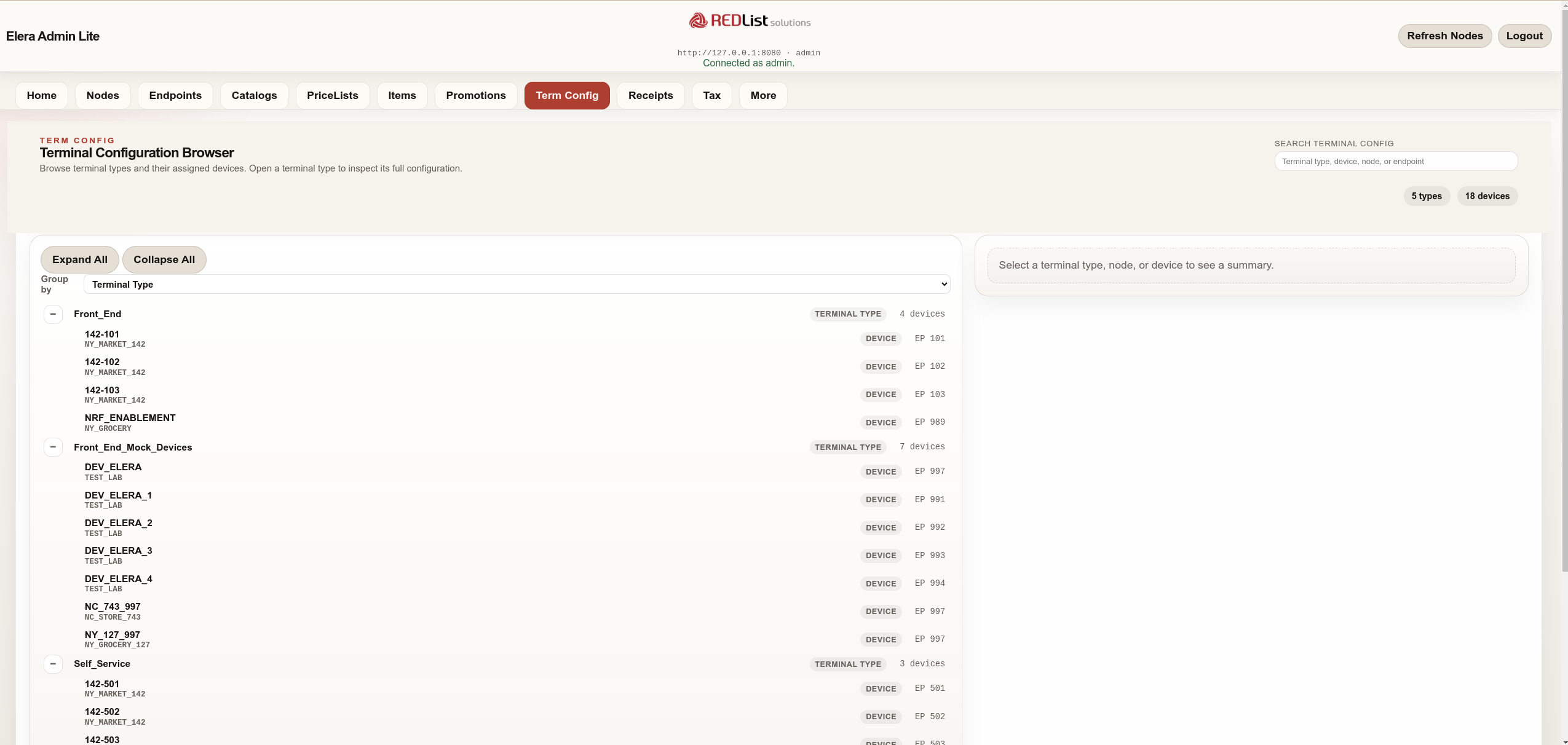ELERA Admin Lite terminal configuration browser grouped by terminal type