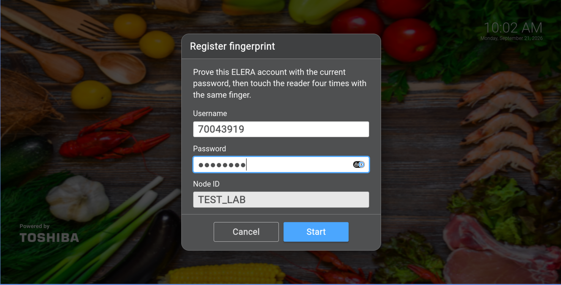Completed ELERA WebPOS fingerprint registration account form for TEST_LAB