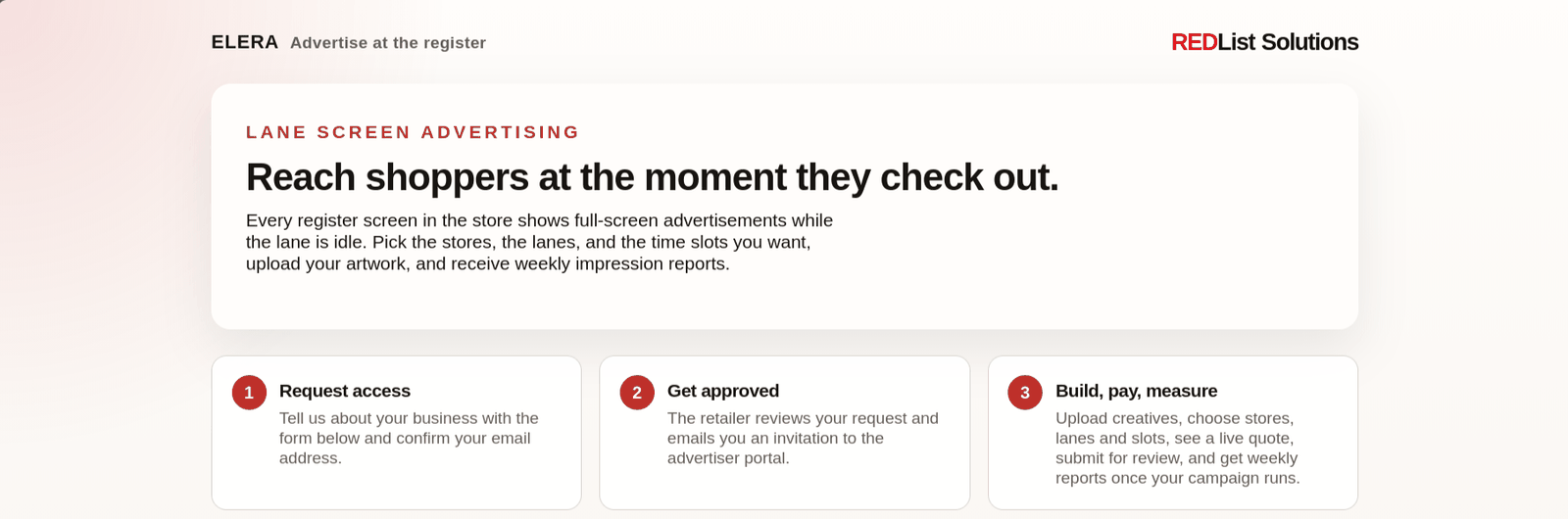 Advertiser-facing page for lane screen advertising with three steps: request access, get approved, build and measure