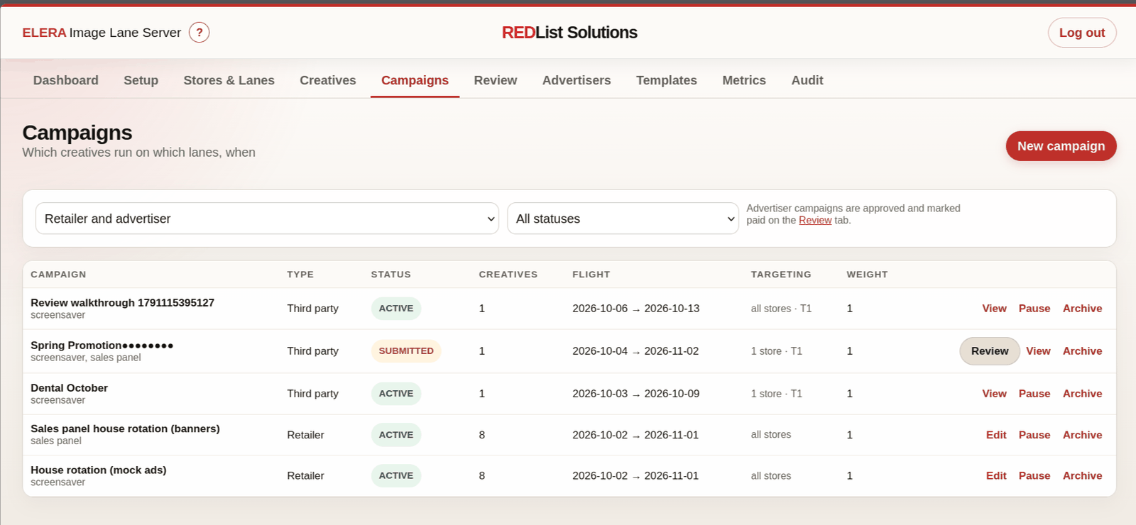 Image Lane Server Campaigns page listing retailer and third-party campaigns with status, flight dates, targeting, and weight