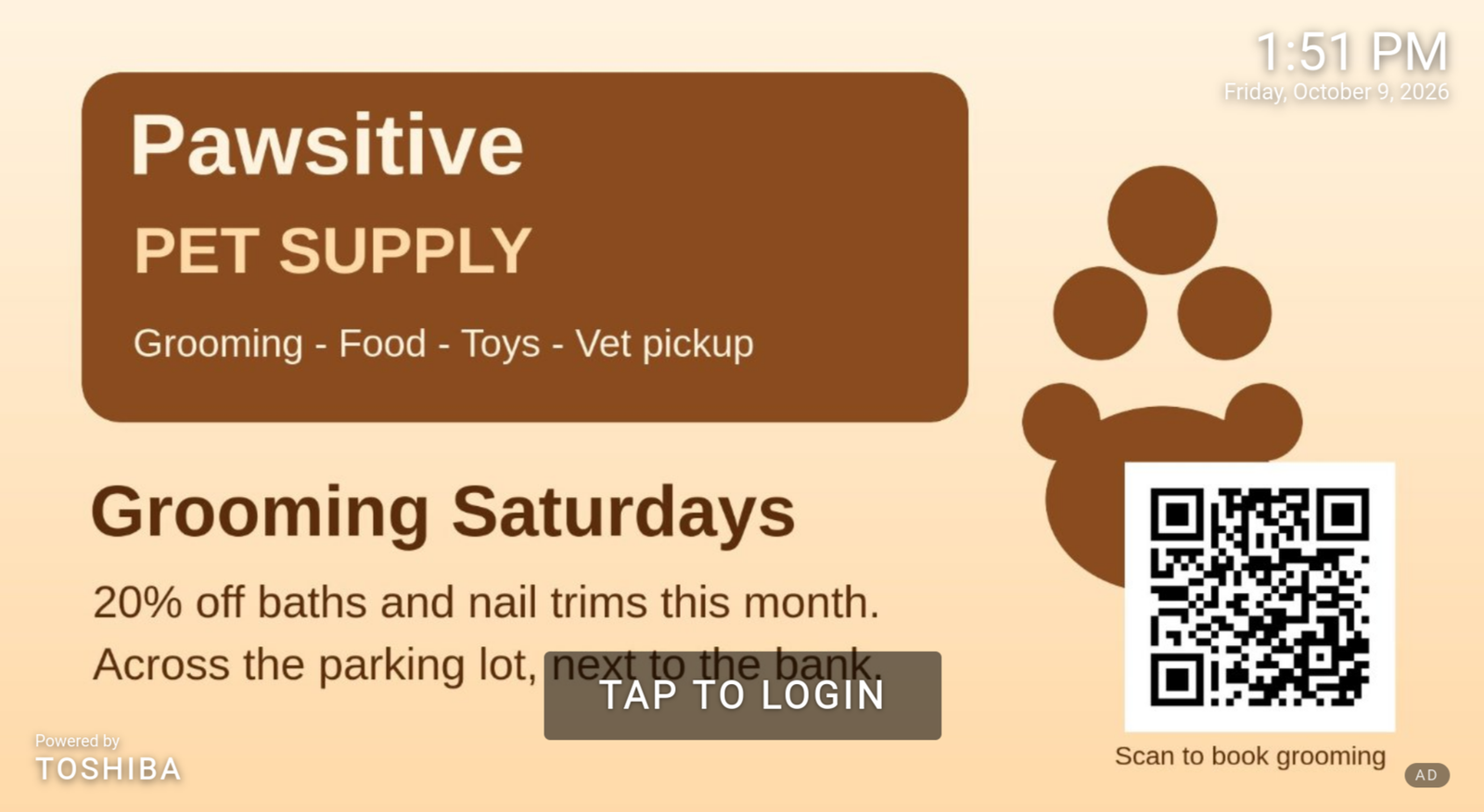 Idle ELERA lane screen showing a sample third-party advertisement for a local pet supply store with a QR code