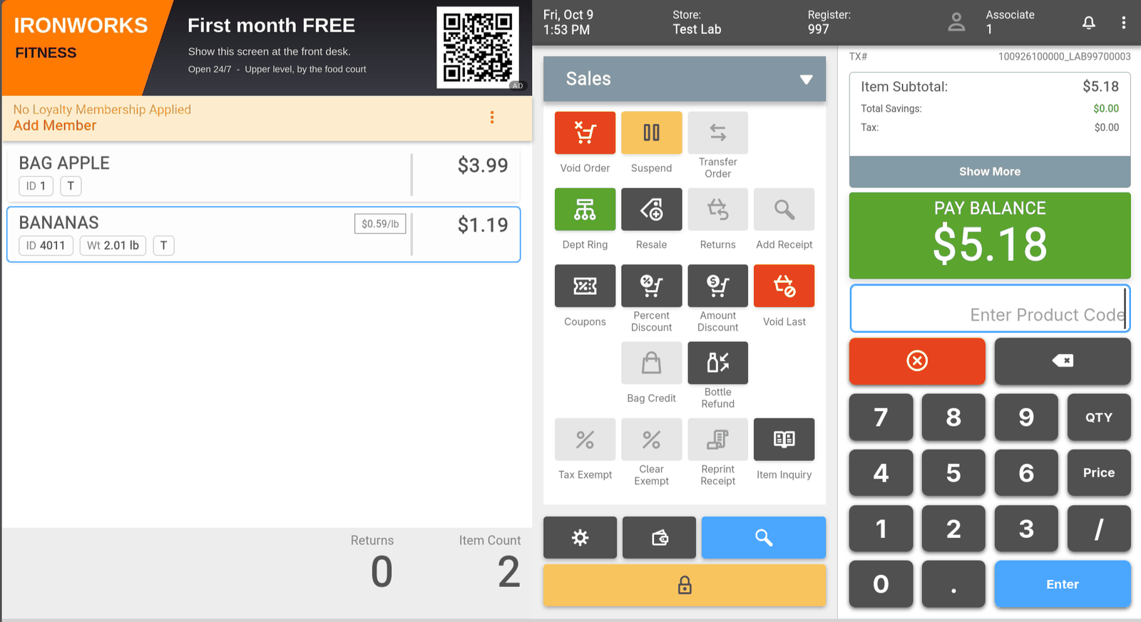ELERA WebPOS sales screen during a transaction with a sample advertiser banner in the sales-screen panel above the basket