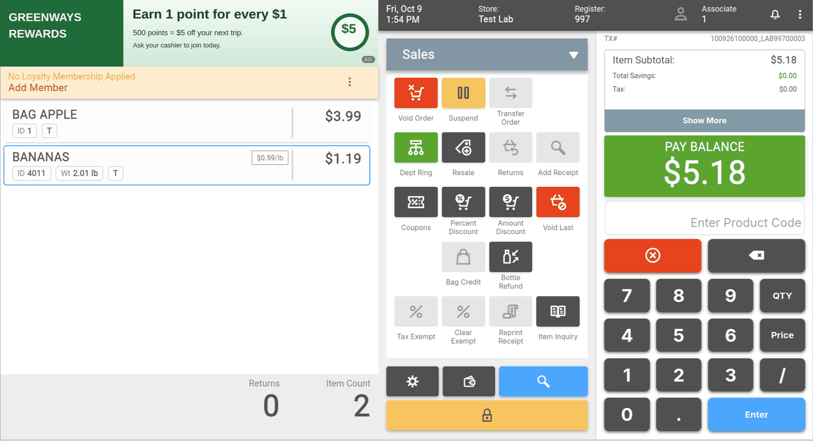 ELERA WebPOS sales screen with a sample retailer loyalty-program message in the sales-screen panel