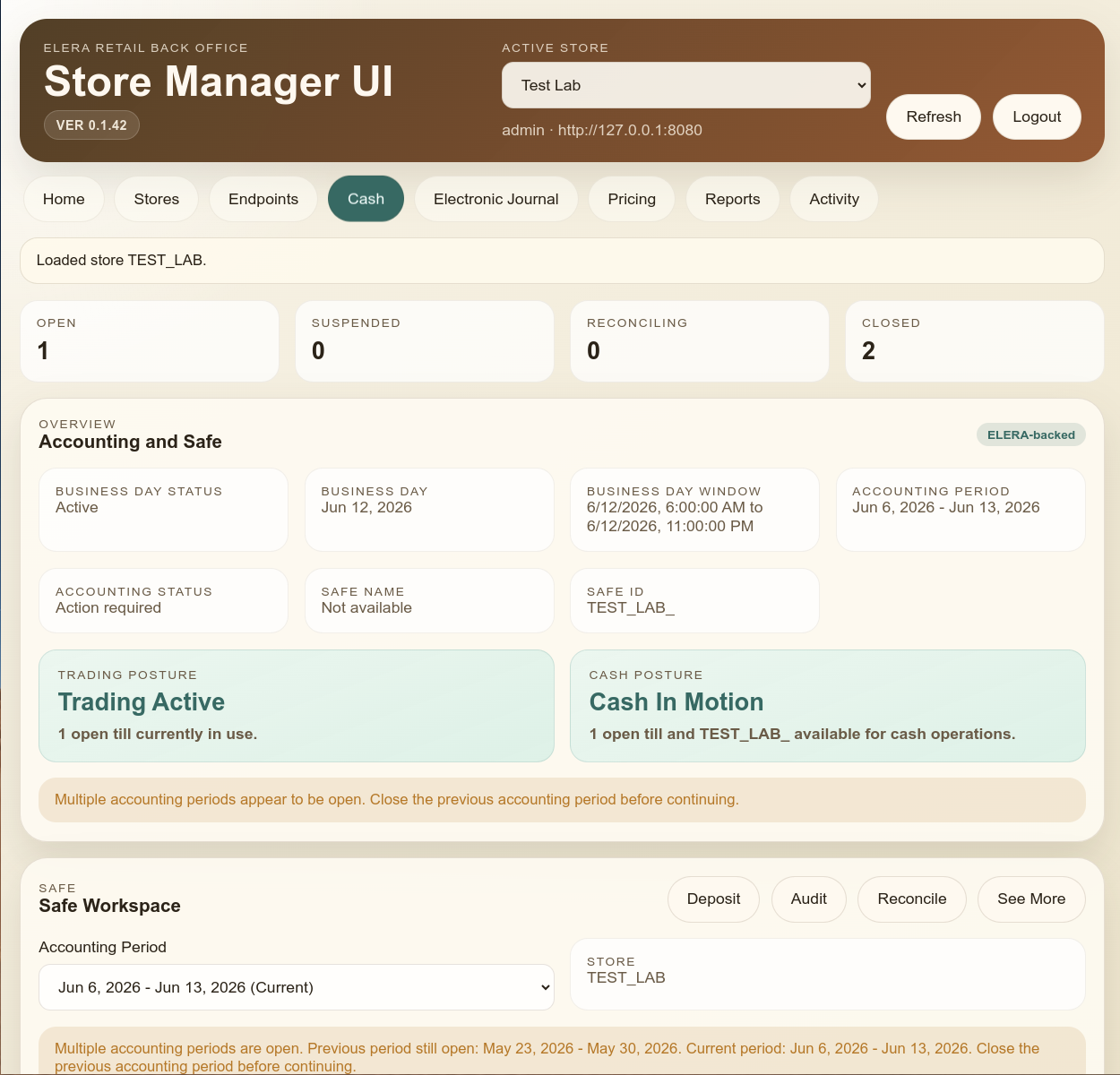 Store Manager UI cash management overview