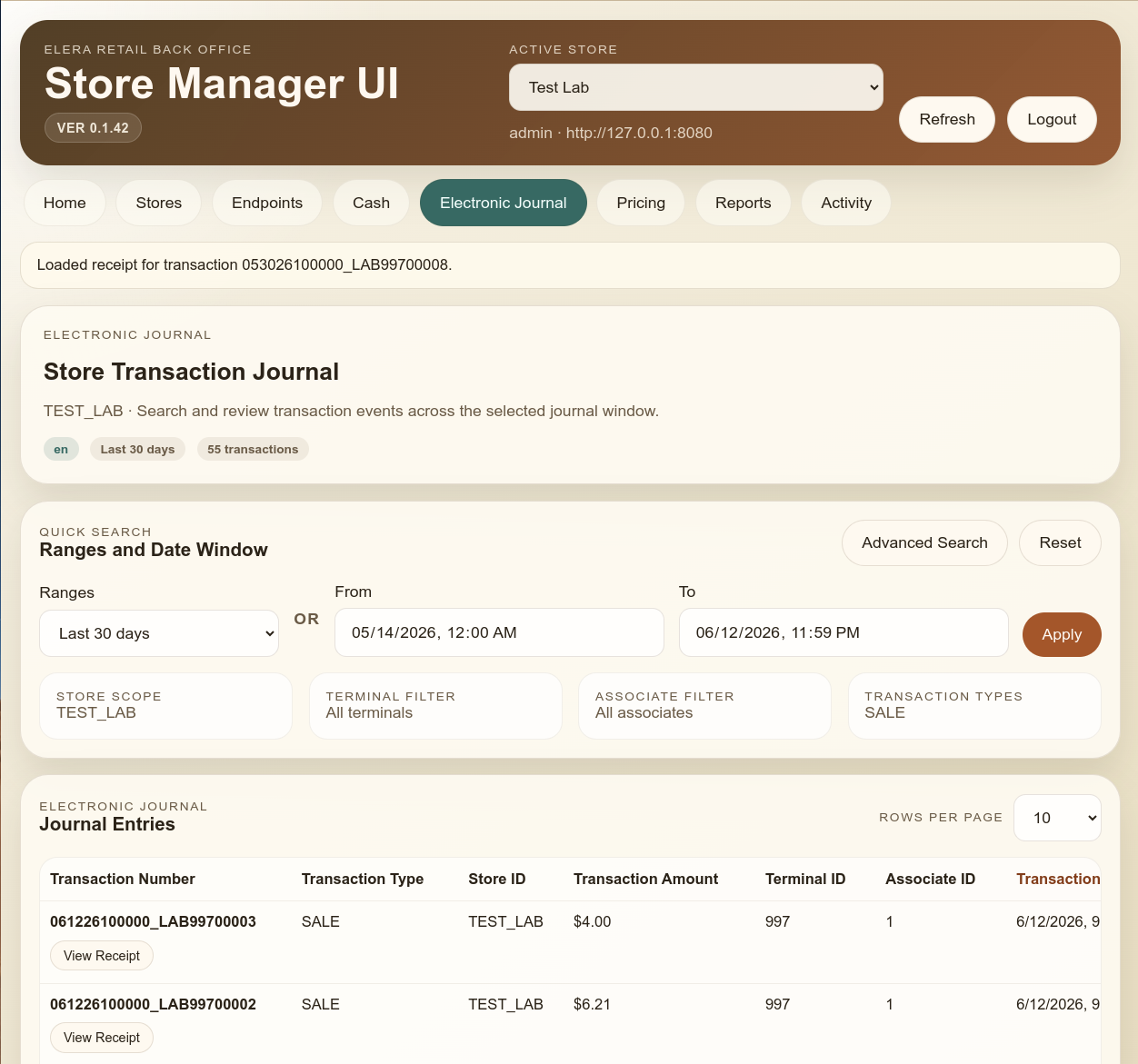 Store Manager UI store journal view