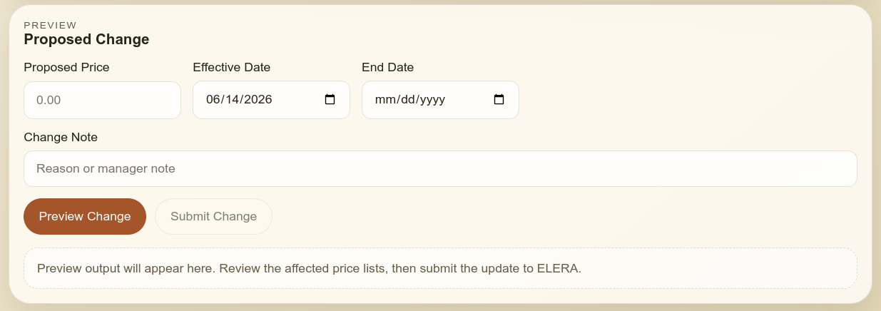 Store Manager UI proposed price change form with optional end date