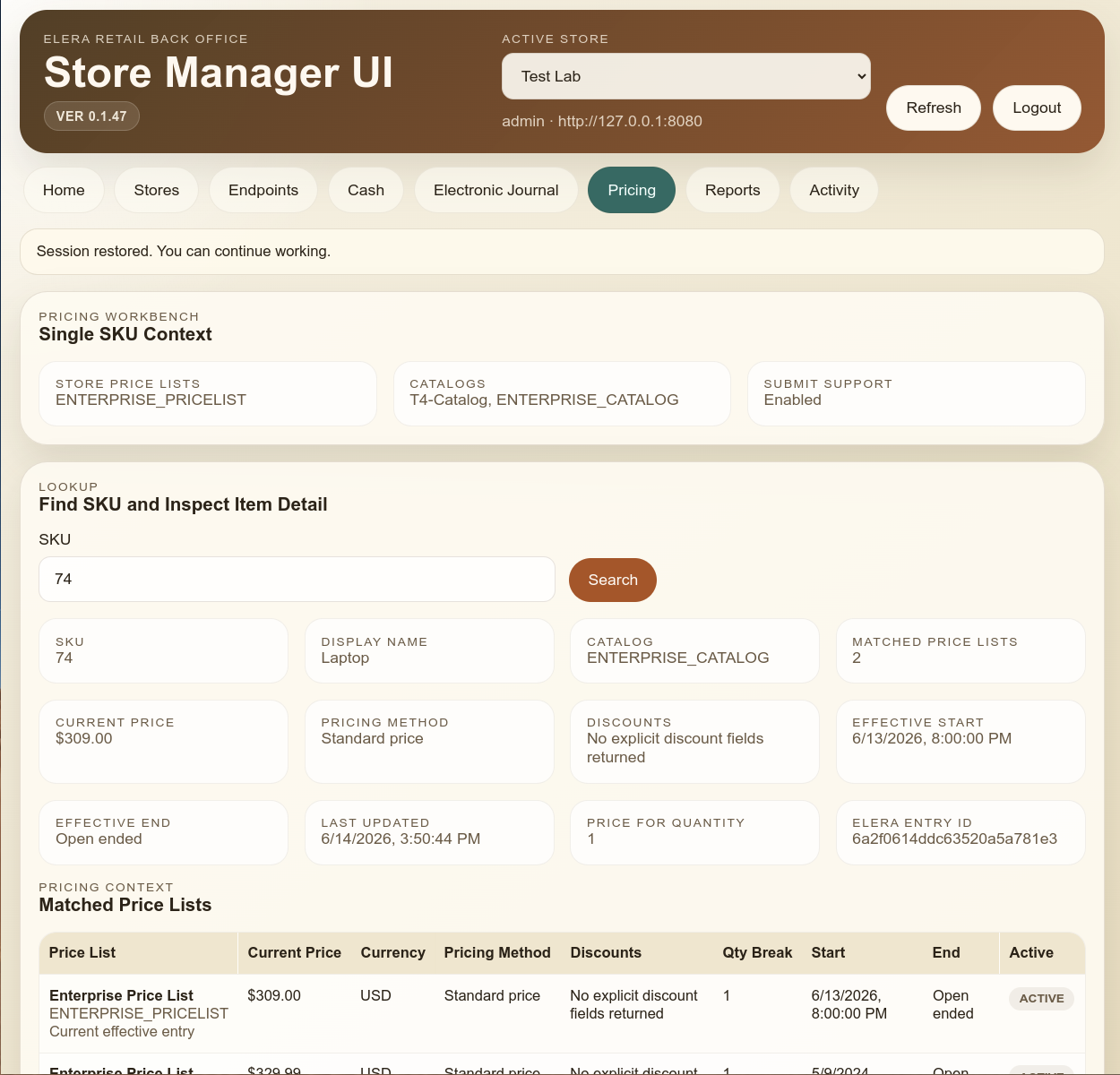 Store Manager UI matched price list context for a SKU