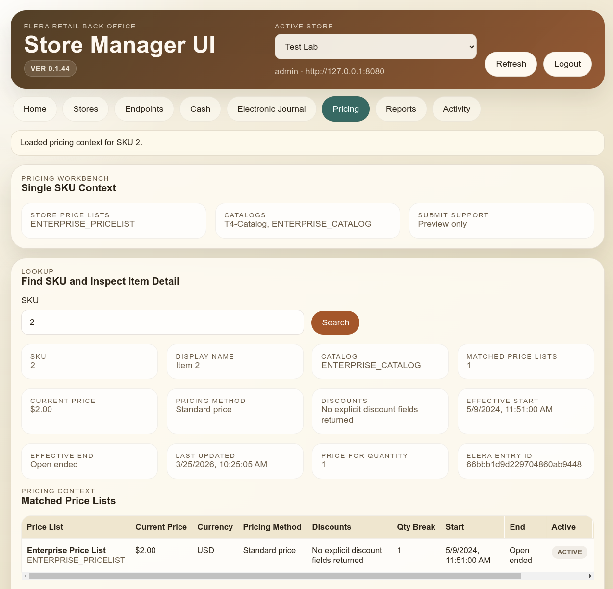 Store Manager UI pricing workbench for a single SKU