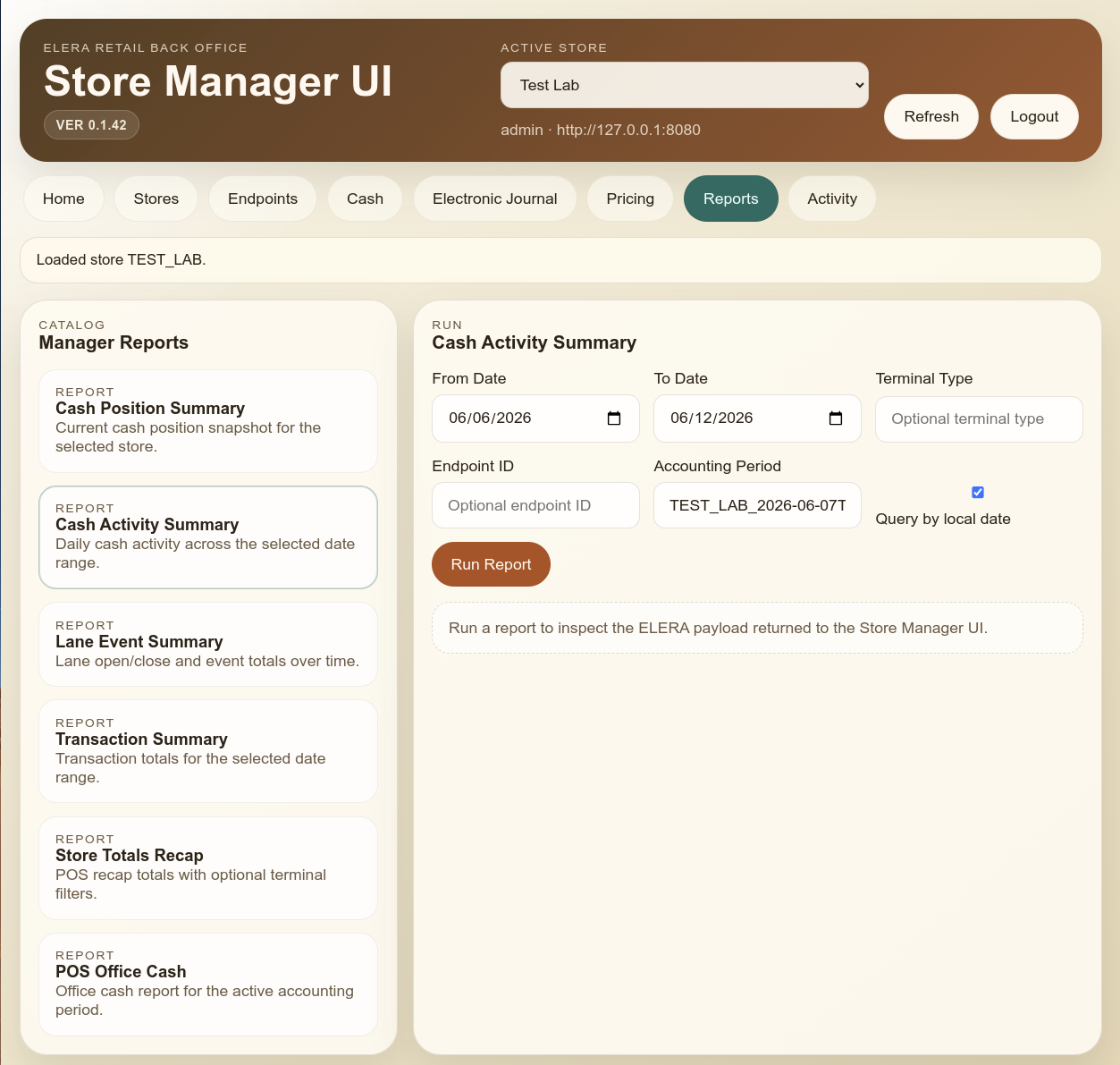 Store Manager UI reporting workspace