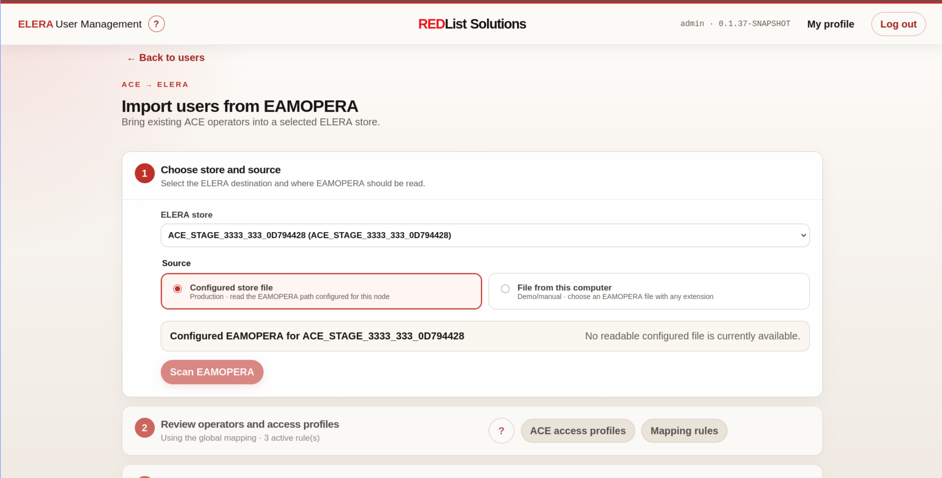 ACE operator import workflow in ELERA User Management