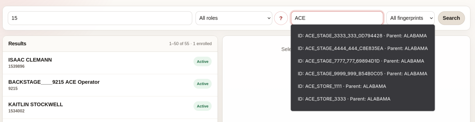 User Management node filter matching ELERA node IDs and parent hierarchy