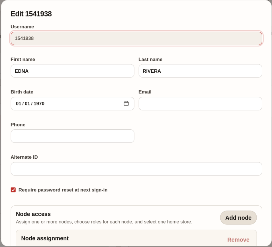 ELERA user profile editor with identity fields and node access controls