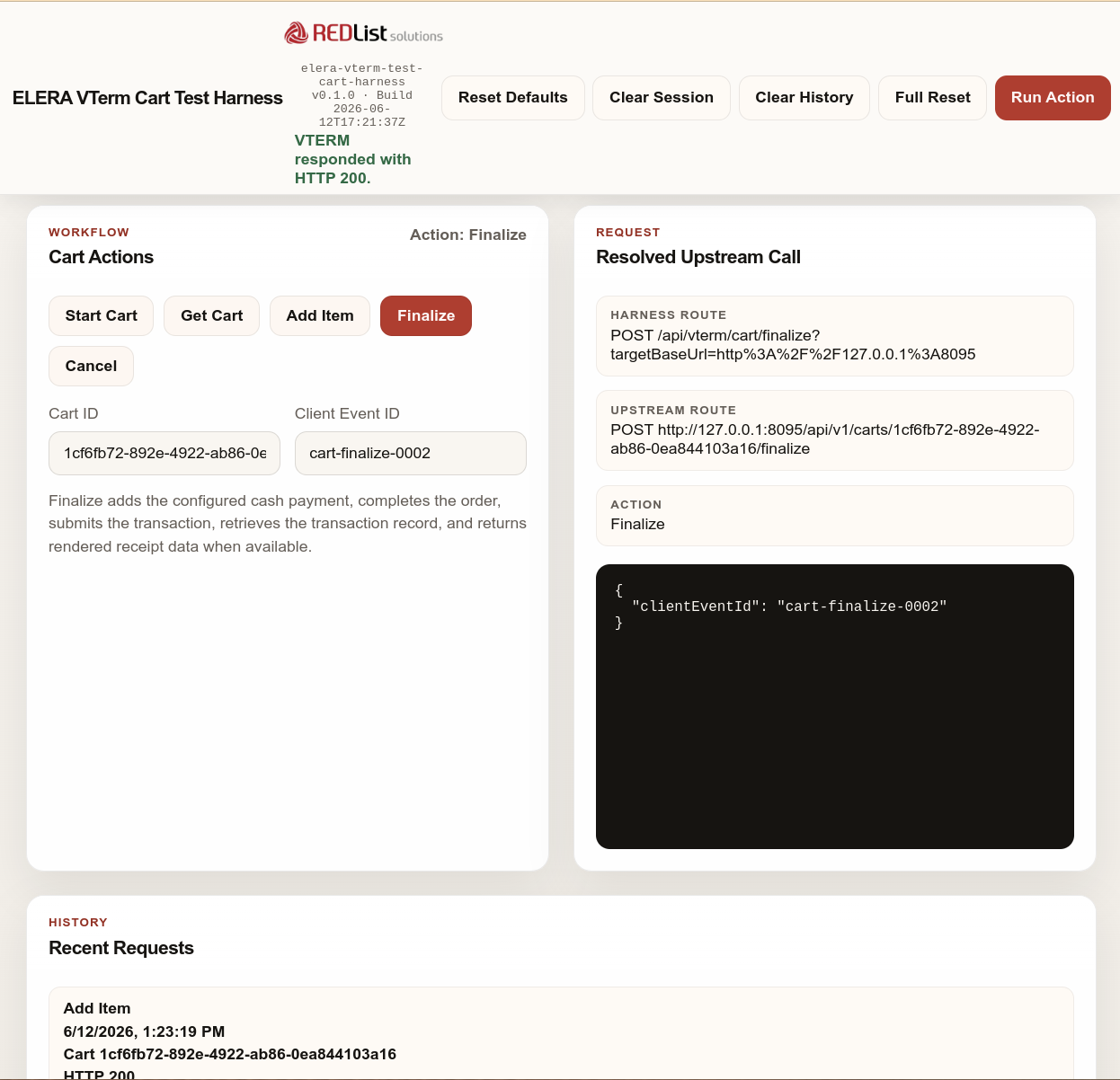 ELERA VTERM Cart Test Harness finalize request screen