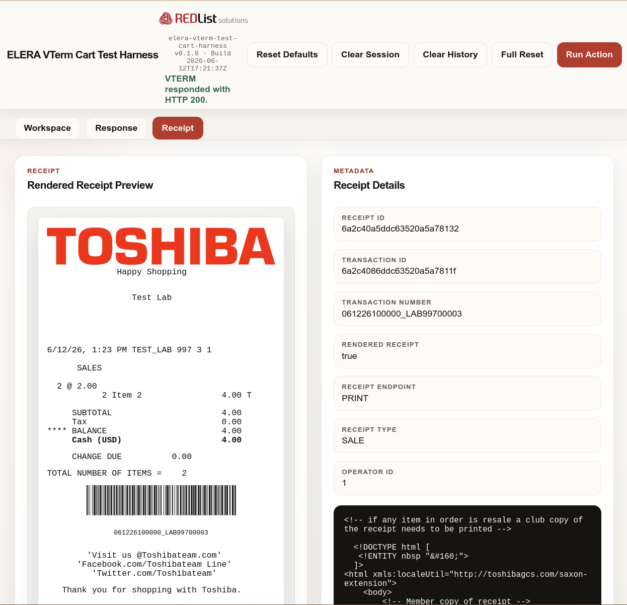 ELERA VTERM Cart Test Harness rendered receipt preview