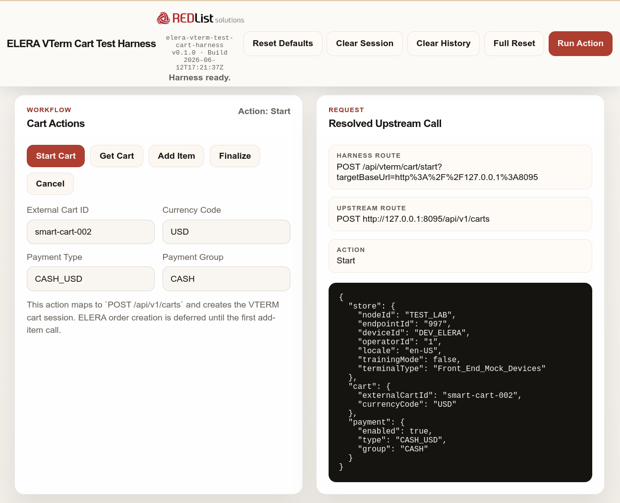 ELERA VTERM Cart Test Harness start-cart request screen