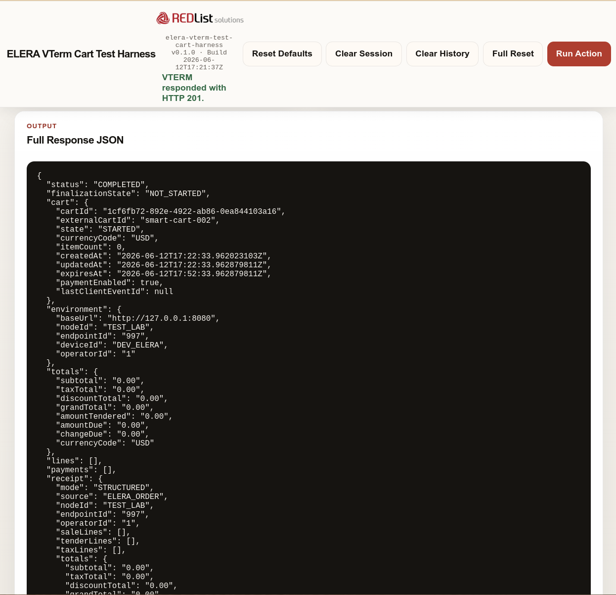 ELERA VTERM Cart Test Harness start-cart response JSON