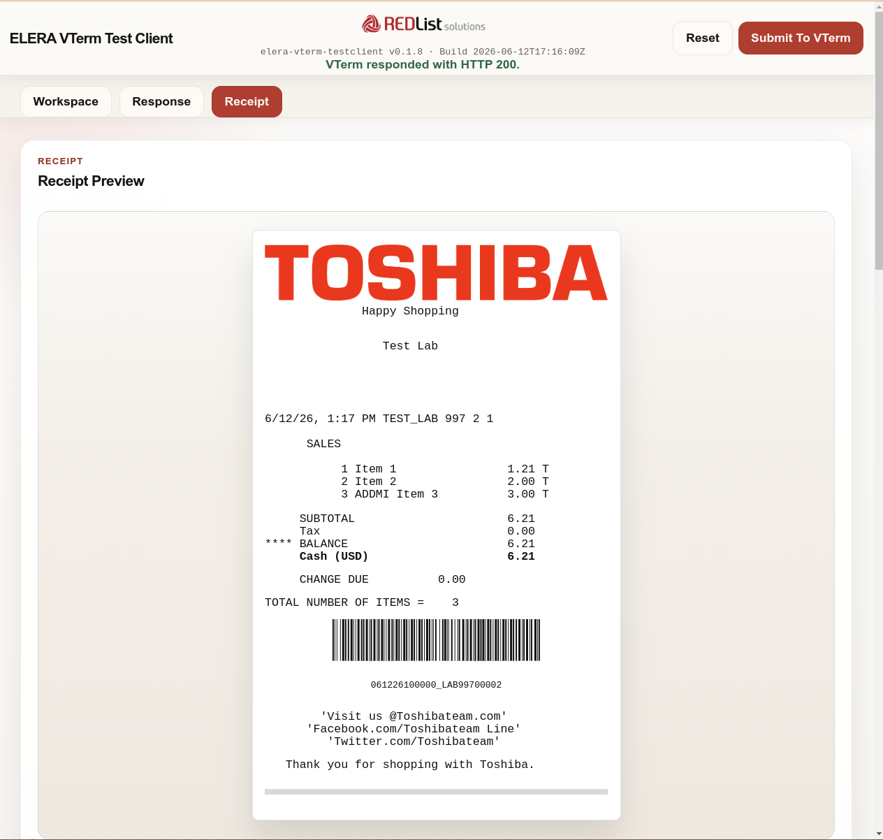 ELERA VTERM Test Client rendered receipt preview