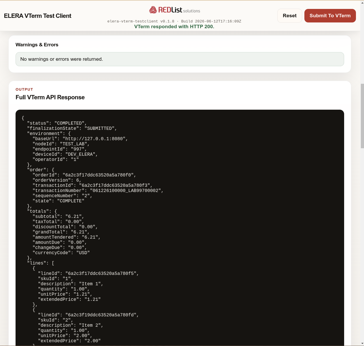 ELERA VTERM Test Client full JSON response viewer