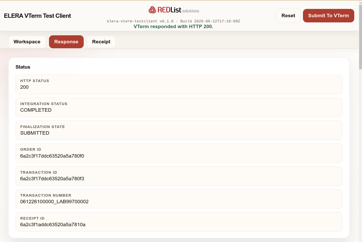 ELERA VTERM Test Client response status tab with HTTP status, integration status, and transaction identifiers